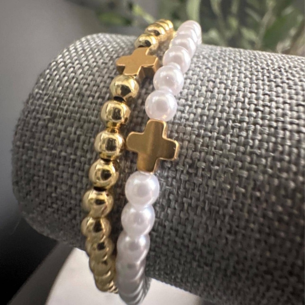 Gold plated and pearl bead bracelets with gold cross.  Set of 2.